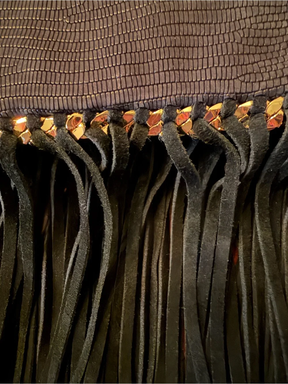 Henri Bendel Black Leather Lizard Embossed Black Fringed Crossbody Bag